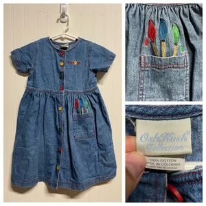 [Oshkosh Collection] Blue Denim Button Down Dress Paint Brushes Pockets Girls 5